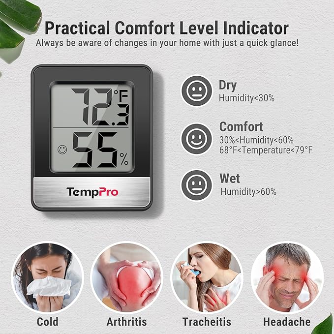 TempPro TP49 4 Pieces Digital Hygrometer Indoor Thermometer Humidity Meter Mini Hygrometer Thermometer with Temperature and Humidity Monitor Room Thermometer, Black (Previously ThermoPro)