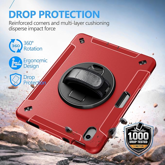 Case for iPad (A16) 11th/10th Generation Case: Protective Cover for iPad 11th Gen 11 Inch 2025 &10th Gen 10.9" 2022 with Screen Protector- Stand- Shoulder Strap- Handle- Pencil Holder-Red