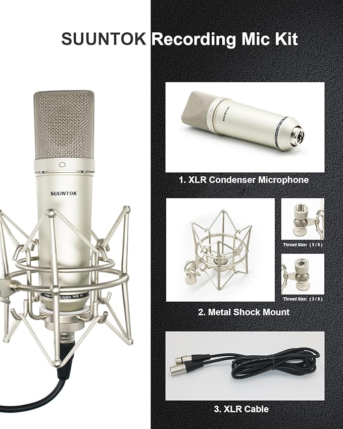 SUUNTOK XLR Microphone, Professional Condenser Microphone with 34mm Large Diaphragm, Cardioid Studio Recording Mic Computer Gaming PC TM87KB Mic Kit for Singing, Podcasting, YouTube (Silver)