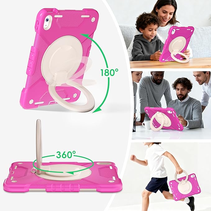 Andnary Case for iPad (A16) 11th Generation 11 inch 2025/10th Generation 10.9 inch 2022, Shockproof Cover with Screen Protector/360° Rotate Handle/Bracket/Pen Holder/Shoulder Strap (Rose Red+White)