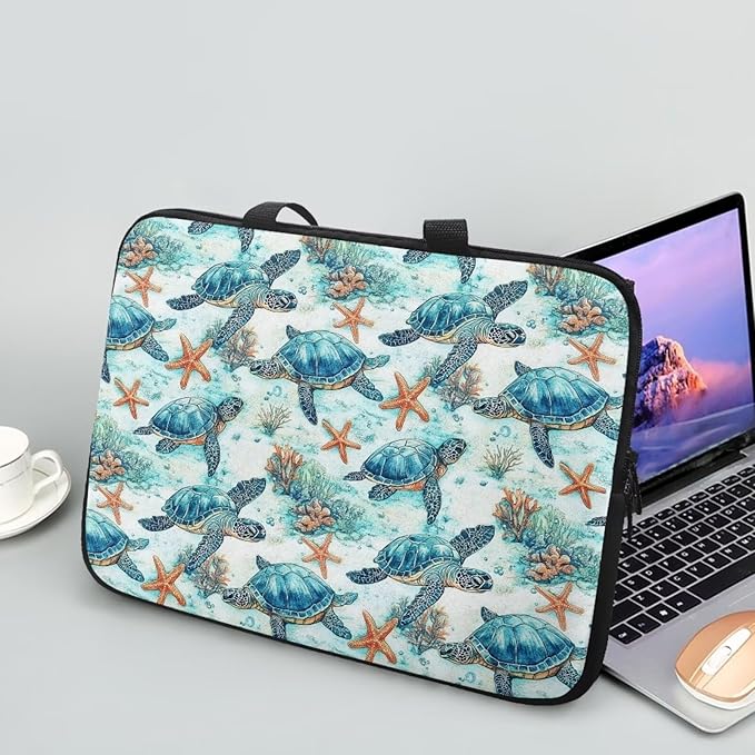 12 Inch Sea Turtle Starfish Laptop Sleeve, Lightweight Laptop Cover Computer Bag Tablet Carrying Case with Handle, Waterproof Tote Bags Notebook Case Handbag Briefcase for Men Women
