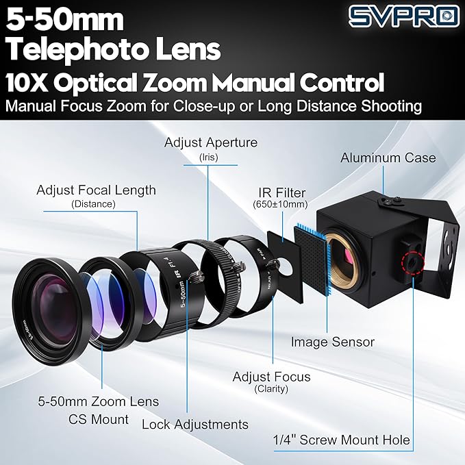 SVPRO 4K Streaming Webcam with 5-50mm Zoom Lens, USB & HDMI Dual Ouput,10X Optical Zoom Manual Focus Camera H.264 Computer Vision Industrial Security Camera for PC/Monitor/TV/Projector
