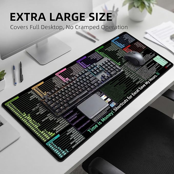 Excel Shortcut Keys Mouse Pad, Extended Large Desk Mat (31.5x11.8 Inch) with Non-Slip Base & Washable Surface for Gaming, Computer, Office Desk