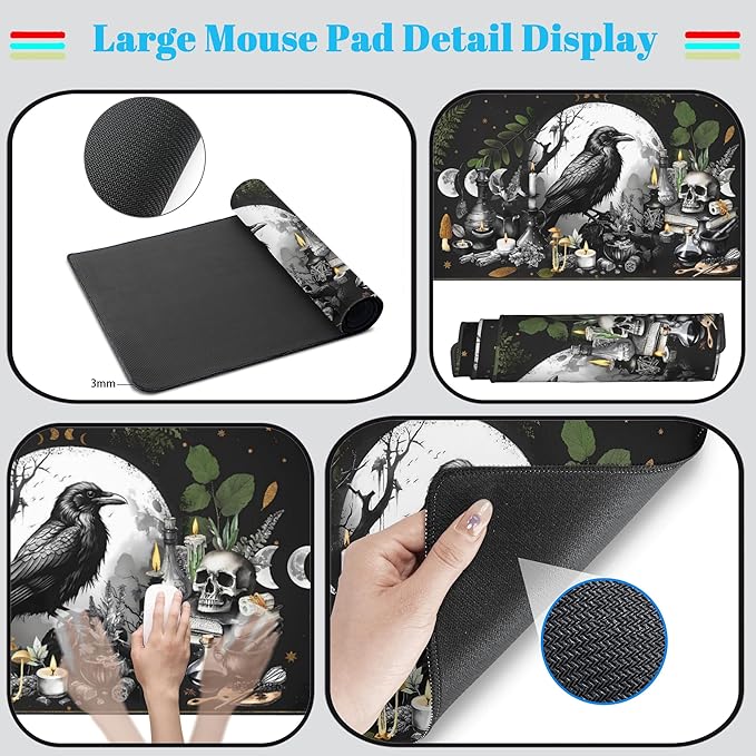 Cute Kawaii Raven Desk Mat XXL Large Extended Gaming Mouse Pad Nature Forest Gothic Mousepad with Stitched Edges, Anime Skull Laptop Keyboard and Mouse Mat Desk Pad for Work Game 31.5x15.7 in