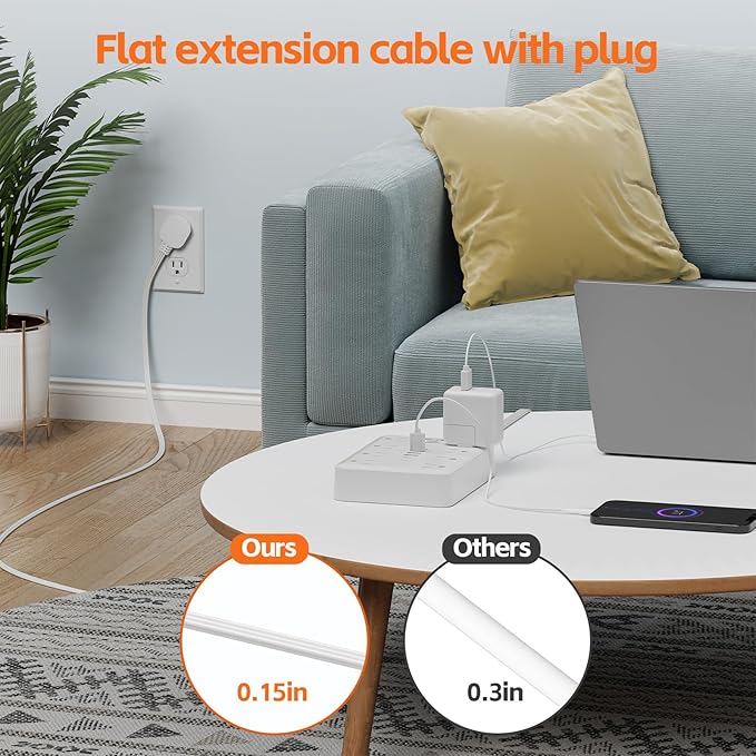Extension Cord Flat Wall Plug with Surge Protector & 8 Outlets 6 USB Ports – 15A 1875W Power Strip for Home Office Dorm Room – 15ft Flat Cord in White – MCSCN