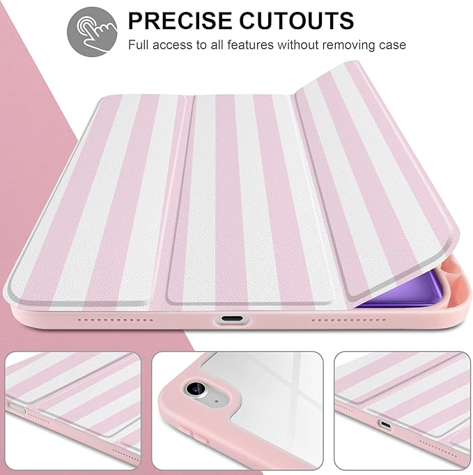 Case for iPad Air 11 inch M4 2026 M3 2025 M2 2024 Release with Pencil Holder - Cute Pink White Striped Trifold Cover with Clear Back Auto Sleep/Wake, Aesthetic Soft Protective Skin for Girls