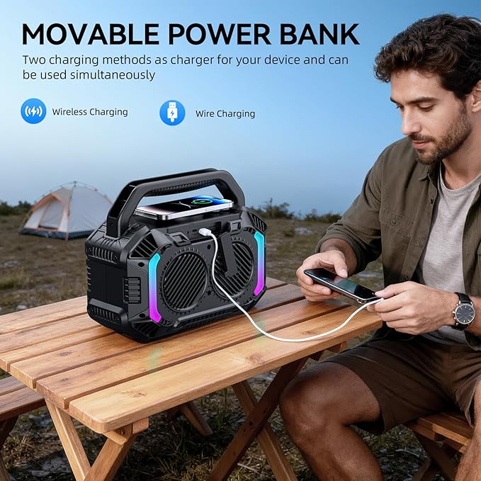 Wilody Speakers Bluetooth Wireless, 100W Loud Outdoor Speaker with Bass, IPX7 Waterproof Floatable, 20H Playtime, Wireless Charge, TWS, RGB Light, Portable Speaker for Work, Garage, Outdoor (Black)