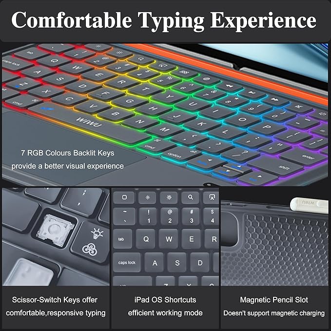 WIWU Keyboard Case for iPad Air 13 Inch M4/M3/M2 Pro 12.9 Magnetic Detachable Keyboard Case Adjustable Stand Colours Backlit Keys with Trackpad (Grey, for Air 13"(M3/M2) Pro 12.9" 6/5/4/3)
