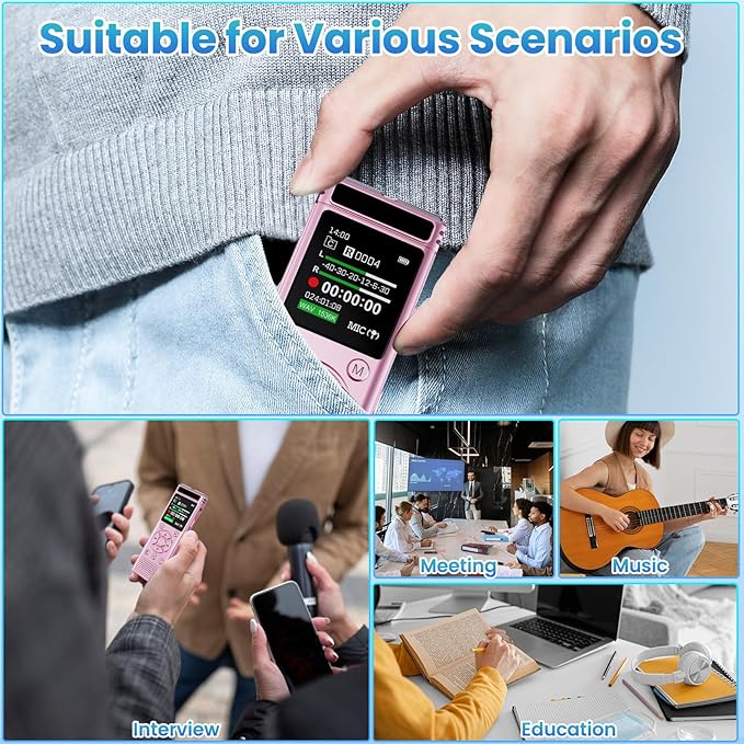 136GB Digital Voice Recorder with Playback,9000 Hours Audio Recording Device,Voice Activated Recorder with Noise Reduction,A-B Repeat,Mp3 Player & Password for Lectures Meeting/Classes/Interviews,Pink