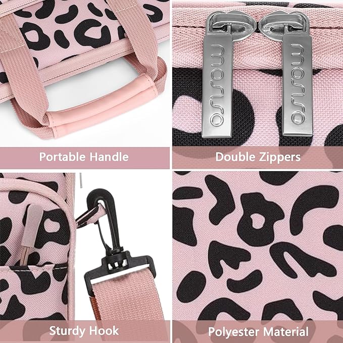 MOSISO 12.9 inch Tablet Sleeve Bag for iPad Pro 13 M4&iPad Air 13 M3 M2,iPad Pro 12.9 M2 M1 6/5th,Surface Laptop Go 12.4,Galaxy Tab S8+/S9+ 12.4, Leopard Grain Tablet Shoulder Bag with 3 Pockets, Pink