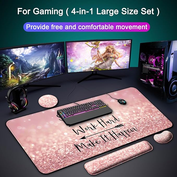 Keyboard Wrist Rest + Mouse Pad with Wrist Support + Desk Mat + Coaster 4 in 1 Set, XXL Large Gaming Mousepad Cute Ergonomic Mouse Pads for Desk Computer Laptop Office Decor-Pink Words