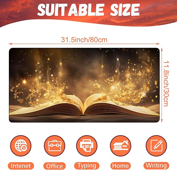 Desk Pad, Golden Magic Book Desk Mat, Fantasy Books Large Gaming Mouse Pad, 31.5"x15.7" Extended Big Computer Keyboard Mouse Pad with Non-Slip Base and Stitched Edge