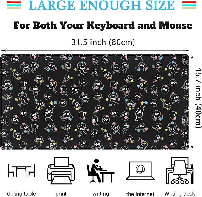 Desk Mat Cute Black Anime Sprite Gaming Mouse Pad XXL Large Extended Kawaii Laptop Keyboard Mouse Mat with Stitched Edges, Non-Slip Computer Desktop Mat for Women Office Desk Decor 31.5x15.7 in