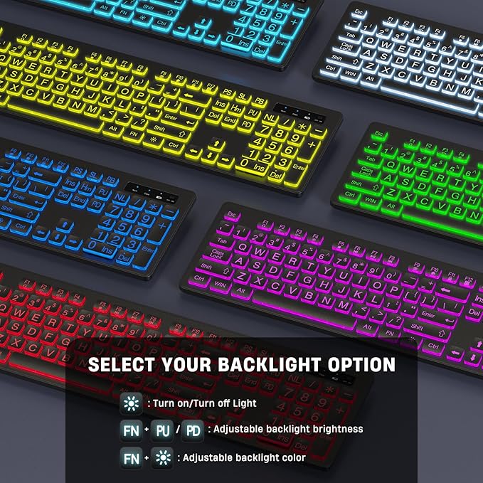 KOPJIPPOM Large Print Backlit Wireless Keyboard, 2.4G Silent Wireless Light Up Keyboard, Full Size Computer Keyboards with 7 Colored Backlits, Rechargeable Keyboards for Windows, PC, Laptop