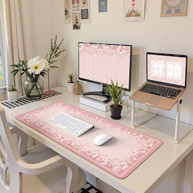 HAOCOO Cute Desk Mat, Pink Desk Matt for Desktop with Edge Stitching, Non-Slip Large Mouse Pad for Desk, Water-Resistant Computer Mat for Gaming,Women Office (Light Pink)