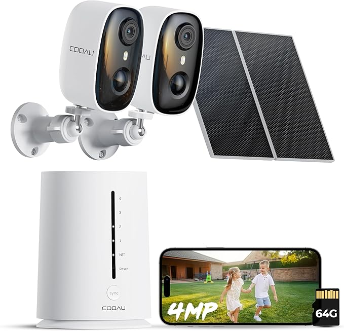 COOAU 4MP Security Cameras Wireless Outdoor Included 64GB Memory Card, No Subscription, Faster Charging Solar Powered, Cameras for Home Security Surveillance System for Wide-Area Whole-House Coverage