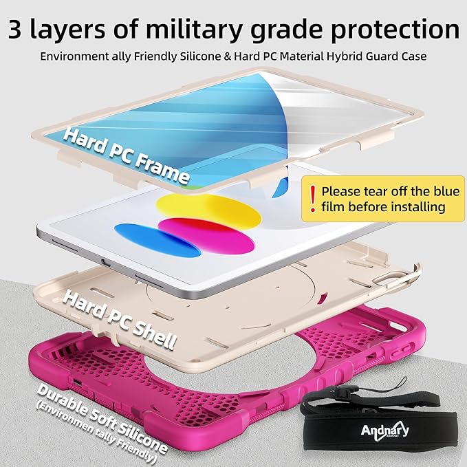 Andnary Case for iPad (A16) 11th Generation 11 inch 2025/10th Generation 10.9 inch 2022, Shockproof Cover with Screen Protector/360° Rotate Handle/Bracket/Pen Holder/Shoulder Strap (Rose Red+White)