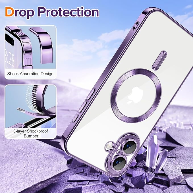 Hython Magnetic Clear for iPhone 17 Case with Camera Lens Protector [Compatible with MagSafe] Luxury Plating Edge Slim Soft TPU Cover Protective Phone Case for iPhone 17 6.3", Deep Purple