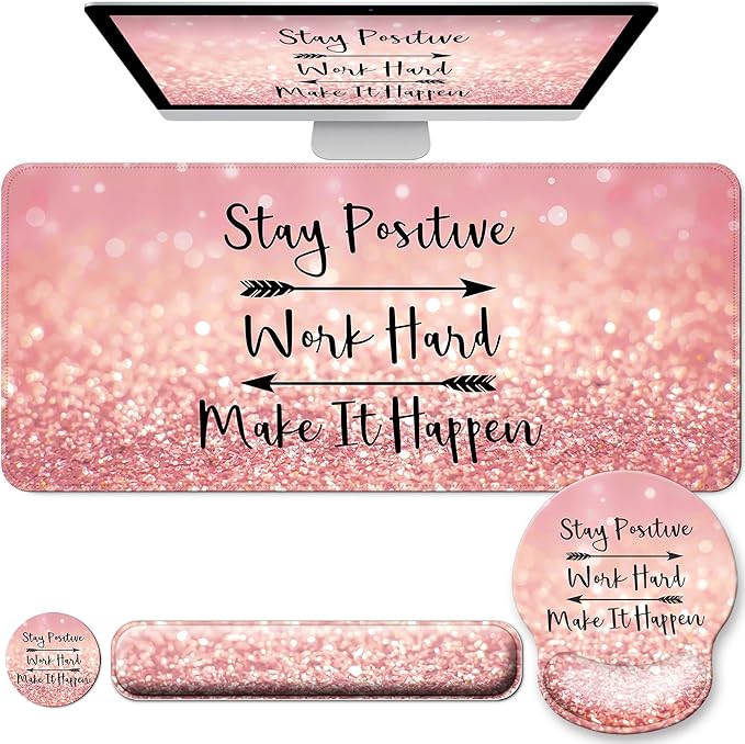 Desk Mat Set + Keyboard and Mouse Pad with Wrist Rest Support,4-in-1 Large Mousepad Computer Mats for Desktop Home & Office-Glitter Pink