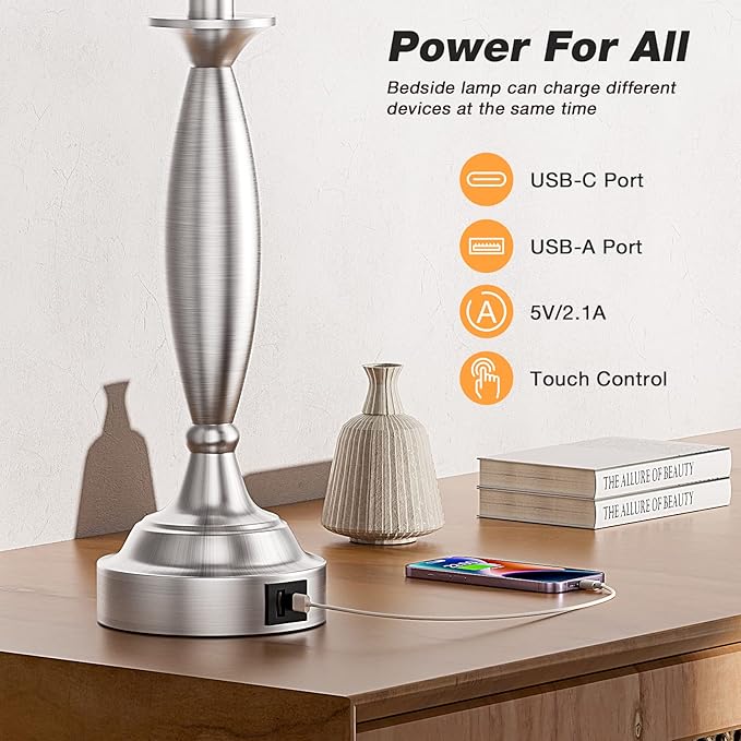 Seealle Touch Bedside Lamps for Nightstand Set of 2 - Bedroom Lamps with USB C+A, 3 Way Dimmable Nightstand Lamps, Brushed Nickel Table Lamps for Living Room (Bulbs Included)