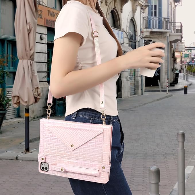 Shiny Case for iPad Pro 13" M5 M4 (2025/2024) Handbag Case, Techcircle Iridescent PU Leather Folio Envelope Pocket Stand Cover with Hand Strap+Shoulder Strap+Pencil Holder+Card Slots, Shiny Pale Pink