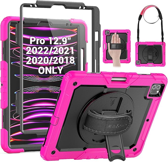 SEYMAC Kids Case for iPad Pro 12.9 2022/2021/ 2020/2018, Heavy Duty Protection Shockproof Case with Screen Protector, 360° Rotating Stand/Handle/Shoulder Strap, Supports Pencil 2 Charging, Pink