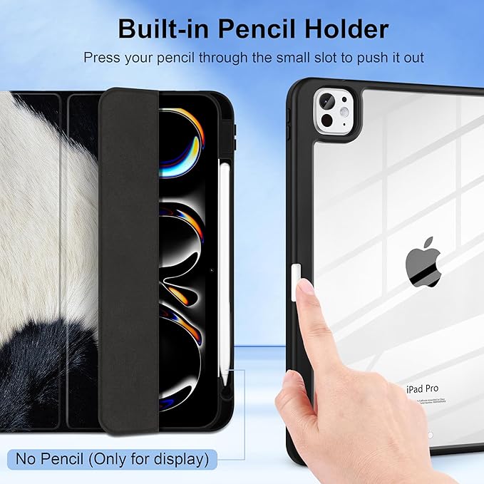TWOLSKOO Case for iPad Pro 11-inch (M5 2025 / M4 2024), Clear Acrylic Back with TPU Bumper, Pencil Holder, Trifold Stand, Auto Sleep/Wake, Cow Print