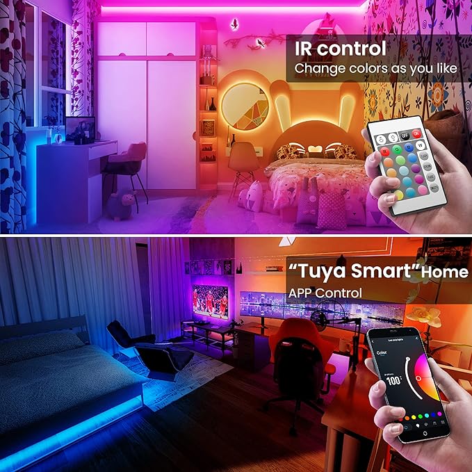 TJOY 50ft Smart Led Strip Lights for Bedroom, Alexa Led Light Strip,5050 RGB Color Changing Music Sync Led Lights Strip with App Remote,Multi-Color Wireless Led Lights for Bedroom (APP+Remote+Voice)