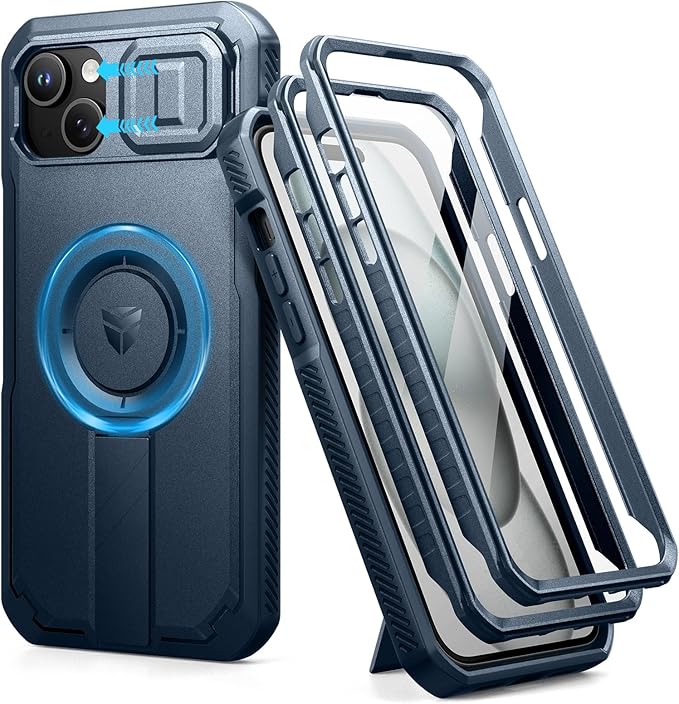 Dexnor for iPhone 15 Plus/14 Plus Case with Slide Camera Cover & Adjustable Kickstand&Built-in Screen Protector,Magsafe Rugged Shockproof Bumper Cases Heavy-Duty Magnetic Protective Cover,Navy Blue