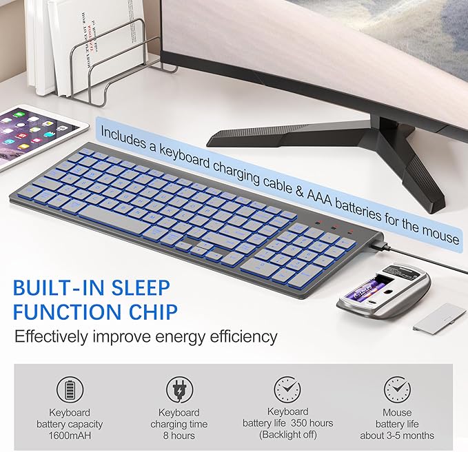 TopMate Wireless Keyboard and Mouse Ultra Slim Combo, 2.4G Silent Compact USB 2400DPI Mouse and Scissor Switch Backlit Keyboard Set, for PC/Laptop/Windows/Mac/Gaming - Gray Silver