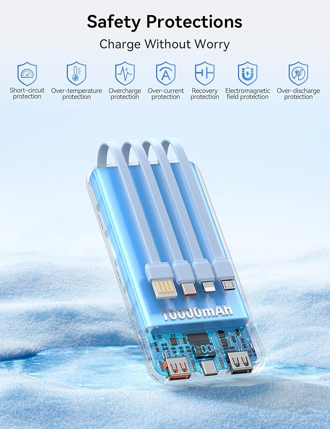 Portable Charger, 10000mAh 22.5W Fast Charging Power Bank with 4 Built-in Cables, Travel Essentials Battery Pack with LED Display, 6 Outputs Charging Bank Compatible with iPhone, iPad, Samsung Blue