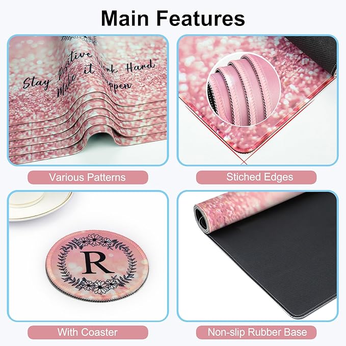 Pink Large Gaming Mouse Pad with Coaster, Desk Mat, Mouse Pad for Computer Keyboard Laptop Office Decor, Stitched Edges Extended Mousepad, 31.5'' x15.6''-Letter R