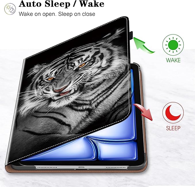 Compatible with iPad Air 11 Inch Case 8th/7th/6th Generation (M4/M3/M2) 2026/2025/2024, for iPad Air 5th/4th Generation Case 10.9 Inch 2022/2020 with Pencil Holder & Card Slots - Black Tiger