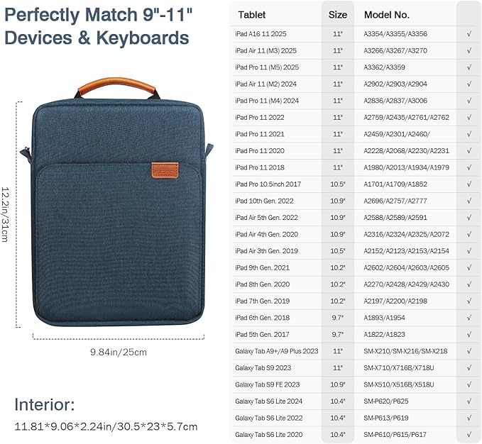 MoKo 9-11 Inch Tablet Sleeve Bag Handle Carrying Case with Shoulder Strap Fits iPad Pro/Air/A16 11 inch,iPad 10th 10.9,i-Pad 9/8/7th 10.2,iPadAir 5/4th 10.9,i-Pad 9.7,Tab S8/S9 11", Indigo
