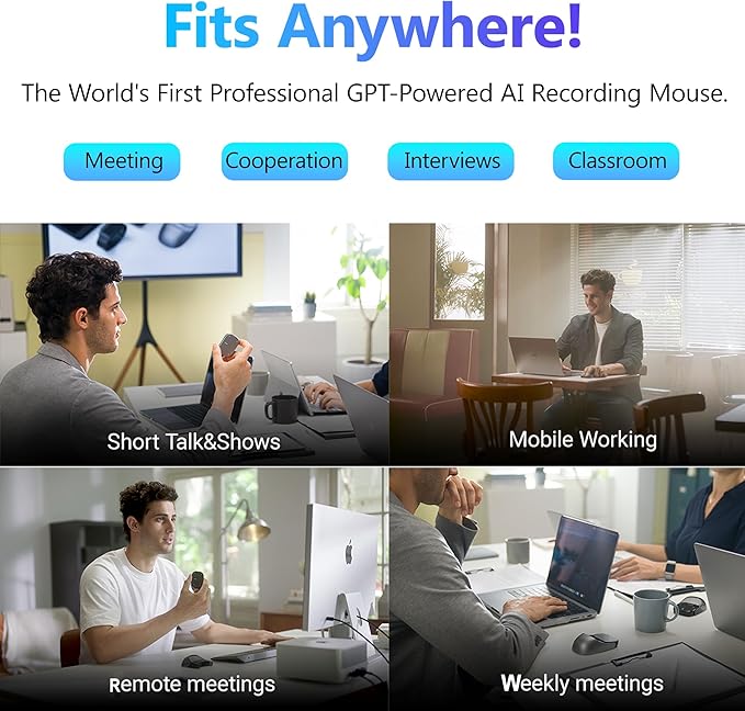 2026 Upgraded AI Voice Mouse - Wireless Air Mouse with AI Voice Assistant, 12 Languages Translation, Meeting Transcription & Summary - Detachable Computer Mouse, Presentation Clicker for Laptop