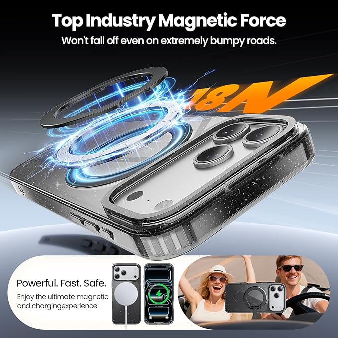 360°Ring Stand for iPhone 17 Pro Max Case with 1X Screen Protector +1X Camera Cover,Fit for MagSafe, Anti-Yellowing & Scratch-Resistant Back Phone Case for iPhone 17 Pro Max 6.9", Clear Black Glitter