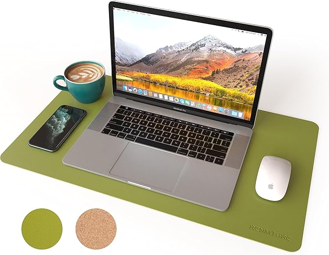 RENMTURE Dual-Sided Mouse Pad, Natural Cork & PU Leather Large Desk Pad for Office and Home Work, Desk Protector Non-Slip, Waterproof, Easy Clean (Olive Green, 23.6" x 13.7")
