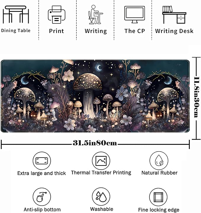 Teng DA Qing Cute Dark Mushroom Moon Night Mouse Pad XL Extended Gaming Mat with Stitched Edges, Computer Laptop Keyboard and Mouse Mat for Women Office Desk Decor, 31.5x11.8 in
