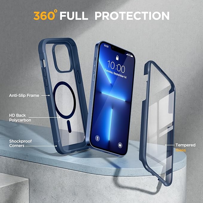 Miracase for iPhone 13 Pro Case 6.1",Full-Body Protection,Clear Bumper Case with Built-in 9H Tempered Glass Screen Protector,Military-Grade Drop Protection Outdoor Phone Case for 13 Pro,Dark Blue