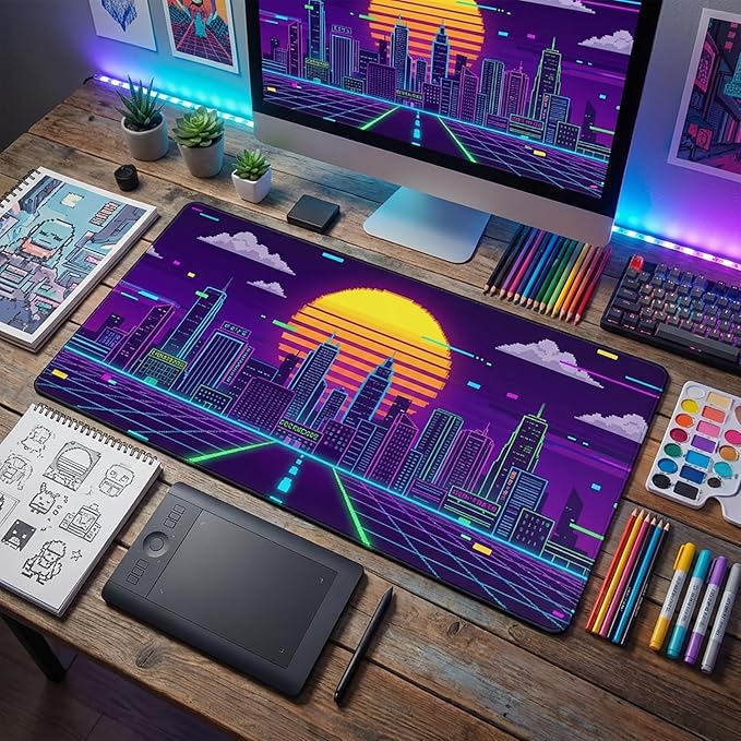 AQQA XL Gaming Mouse Pad - Retro Synthwave Pixel Art Desk Mat, Cyberpunk Neon City Sunset Design,Large Extended Mousepad with Stitched Edges,Non-Slip Rubber Base for Gamers,Home Office & Studio Decor