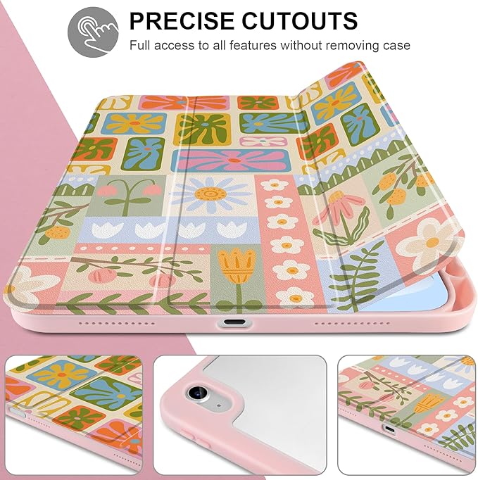 Case for iPad Air 11 inch M4 2026 M3 2025 M2 2024,iPad Air 5th (2022) / 4th (2020) 10.9 Inch Clear Back Shell Lightweight TPU Edge Trifold Stand Auto Wake Sleep Cute Cover, Flower Patchwork