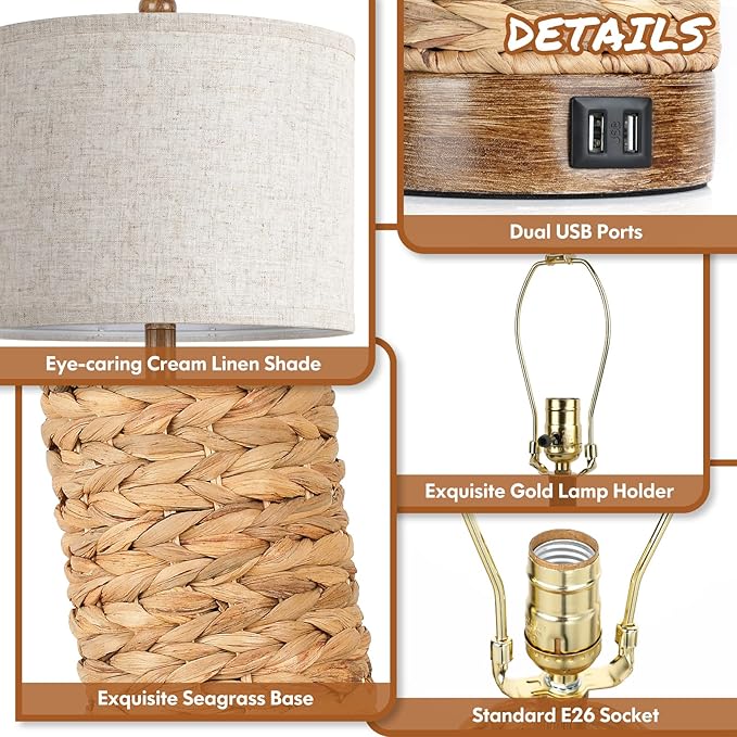 Rattan Table Lamp for Living Room with 2 USB Ports, 27In Tall Bedroom Table Lamp with Hand-made Seagrass Base, Rustic Farmhouse Large Bedside Nightstand Lamp for End Table, E26 Socket, Rotary Switch
