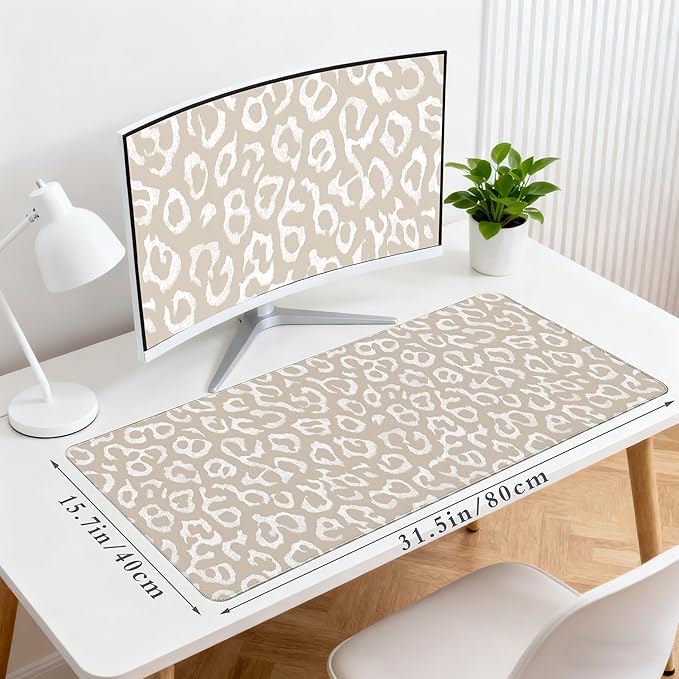 Desk Cover Mat, XXL Large Mouse Pad, Computer Laptop Mat Desk Decor for Office Game Home 31.5 X 15.7 Inch (Beige Leopard Print)