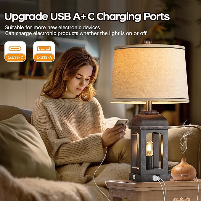 QiMH Table Lamp for Living Room, Farmhouse Lamps Set of 2 with USB A+C and Nightlight, 26" Rustic Bedside Lamps with 3-Way Dimmable, Touch Nightstand Lamp for Bedroom, Bronze