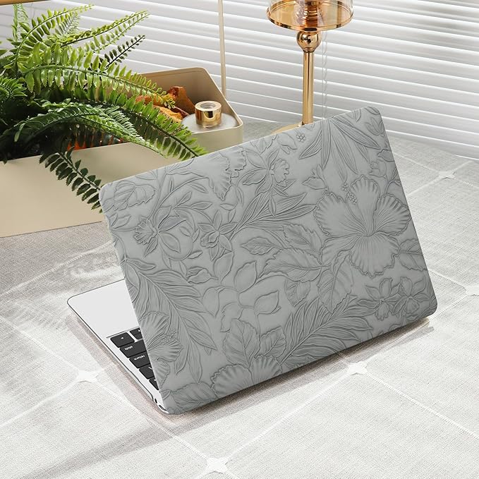 iCasso Compatible with MacBook Air 13 inch Case 2020 2019 2018 Release A1932 A2179 M1 A2337, Texture Leather Plastic Hard Shell Case + Keyboard Cover + Screen Protector, Grey Embossed Floral