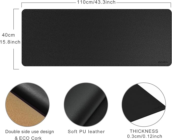 Chihein 43" x 16" 3XL Desk Mat with Cork & PU Leather (Black), Dual Sided Desk Pad Protector, Waterproof Computer Desk Mat for Gaming, Office, Home