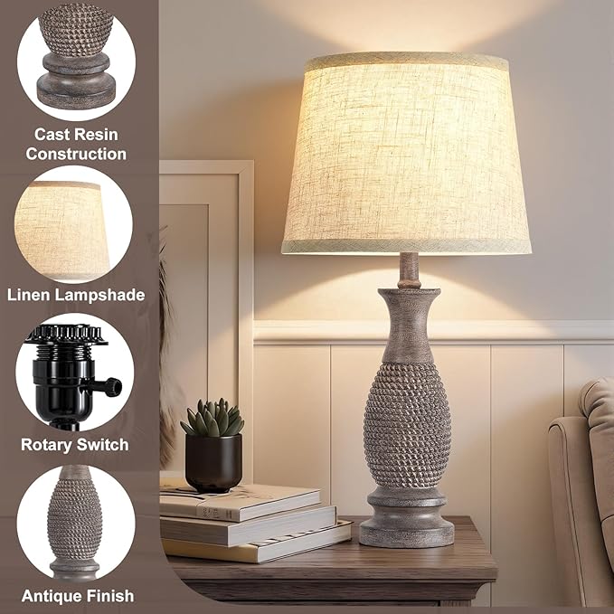 EJIAXIN Table Lamps Set of 2-21.6" Resin Farmhouse Bedside Lamps for Bedroom Living Room, Rustic Nightstand Bedroom Lamp with Rotary Switch for Night Stand End Table