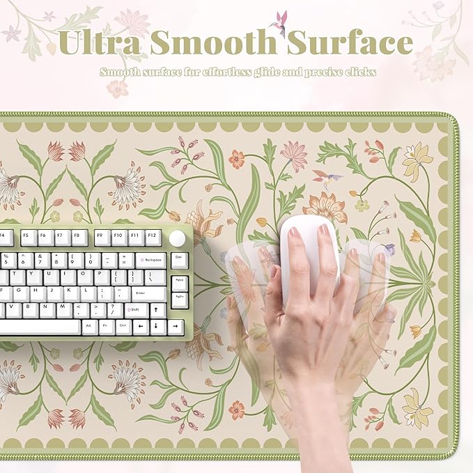 iLeadon Desk Matt for Desktop, Large Floral Stitched Edges Long Full Desk Mat for Laptop, Soft Mouse Pad for Keyboard, Green Desk Keyboard Mat for Office Home Beige/Green
