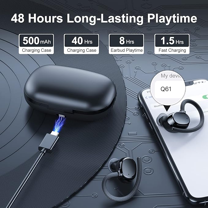 Wireless Earbuds for Small Ear, HiFi Stereo Sport Bluetooth 5.3 Headphones with Earhooks, 48H Deep Bass Ear Buds with LED Display, Noise Cancelling, IP7 Waterproof Earphones Built-in Mic for Running