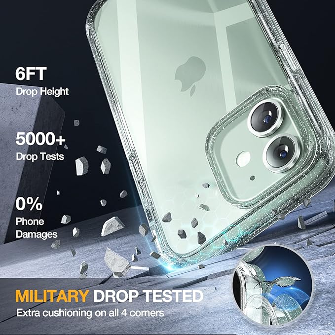 Miracase Glass Series for iPhone 12/12 Pro Case 6.1 inch, Upgraded Full-Body Rugged Phone Bumper Case Cover with Built-in 9H Tempered Glass Screen Protector and Camera Protector, Clear Glitter